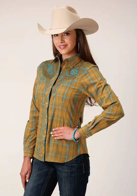 Graceful Movement Roper Womens Butterscotch Plaid Yellow Cotton Blend L/S Shirt