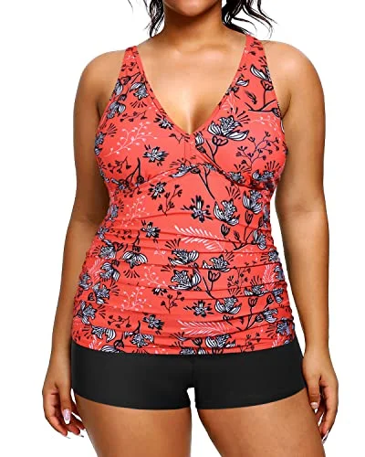 Casual Elegance High Waisted Plus Size Swimsuits Shorts Tummy Control Tankini Bathing Suits-Red Floral