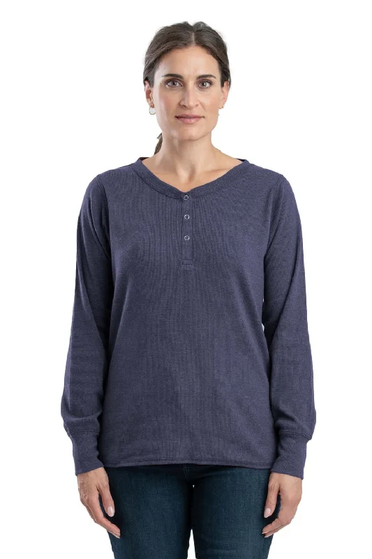 Modern Casual Clothing Berne Steel Blue Cotton Blend Womens Heavyweight Rib Knit Henley L/S