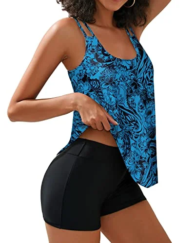 Trend Driven Wardrobe Women's U Neckline Tankini Tops & Boy Shorts Juniors Bathing Suit-Black And Tribal Blue