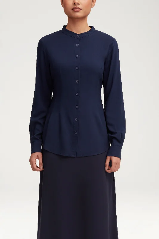 Fashion Deal Adina Fitted Button Down Top - Navy Blue