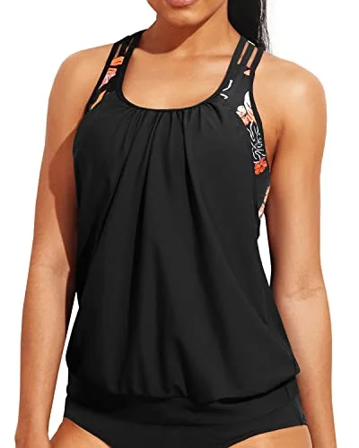 Minimalist Style Blouson Tankini Top Only Sporty Bathing Suit Top No Bottoms-Black Floral