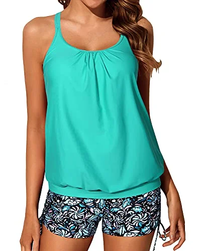 Latest Fashion Women's Push Up Padded Blouson Tankini Swimsuits Two Piece Strappy Bathing Suit-Light Blue-Green Floral