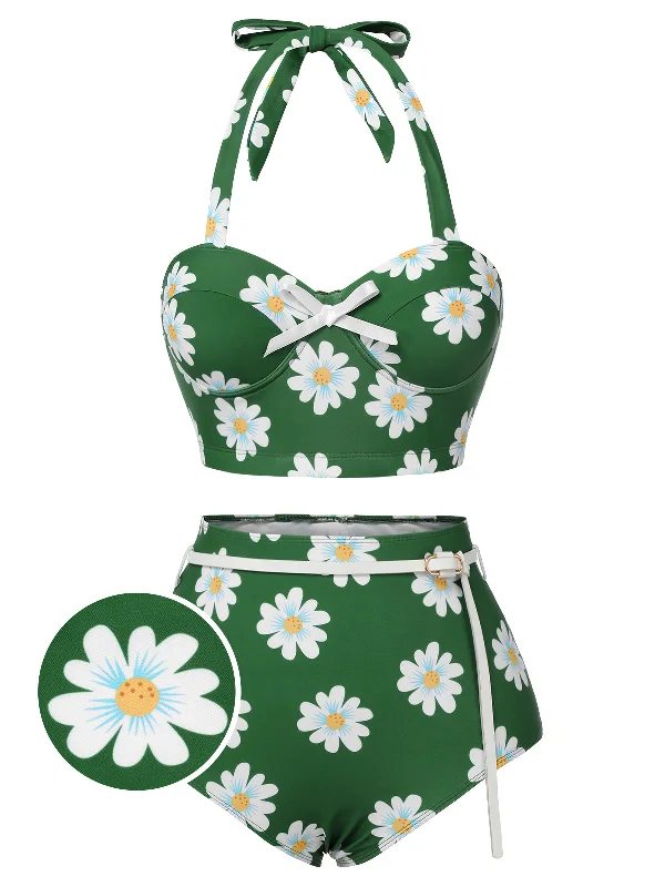 Quick Grab Deals Green 1930s Daisy Halter Swimsuit