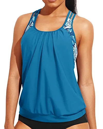 Sporty Streetwear Ladies Double Layer Round Neck Tankini Top Sporty Bathing Suit Top-Blue Leaf