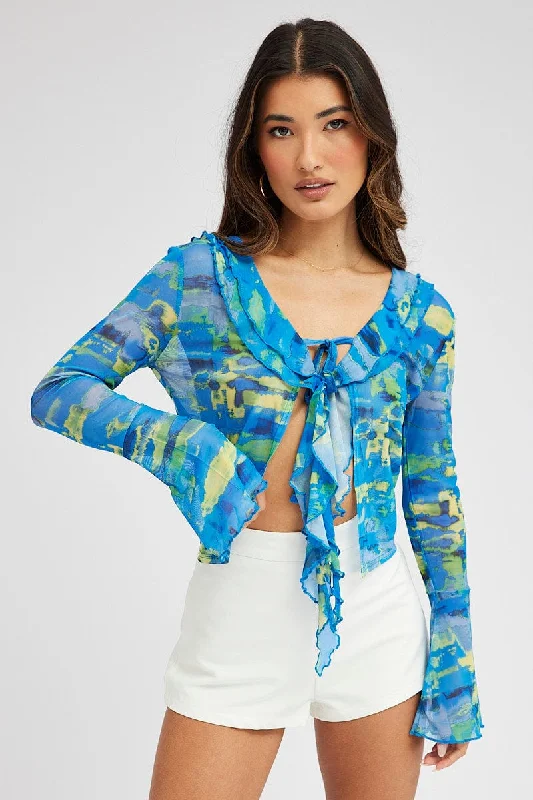 Effortless Chic Apparel Blue Abstract Mesh Cardigan Long Sleeve