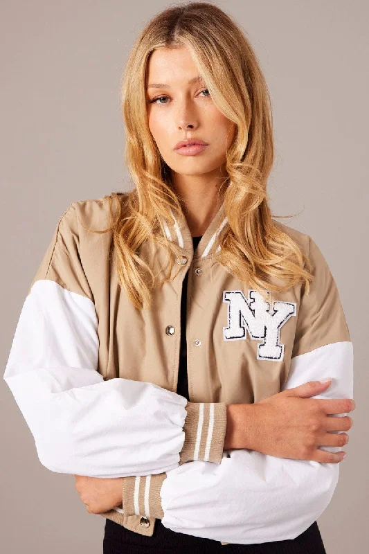 Attire Sale Beige Cropped Varsity Bomber Jacket