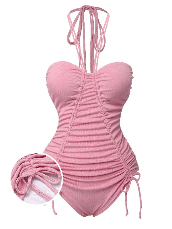 Celebrate With Big Savings Pink 1950s Halter Pleated Solid One-Piece Swimsuit