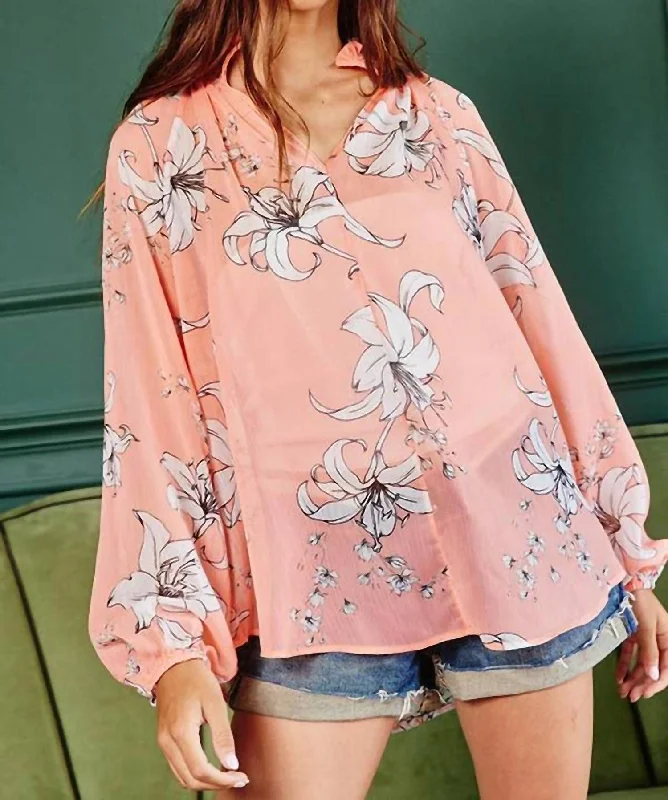 Trendy Attire For Her Semi-Sheer Floral Blouse In Peach