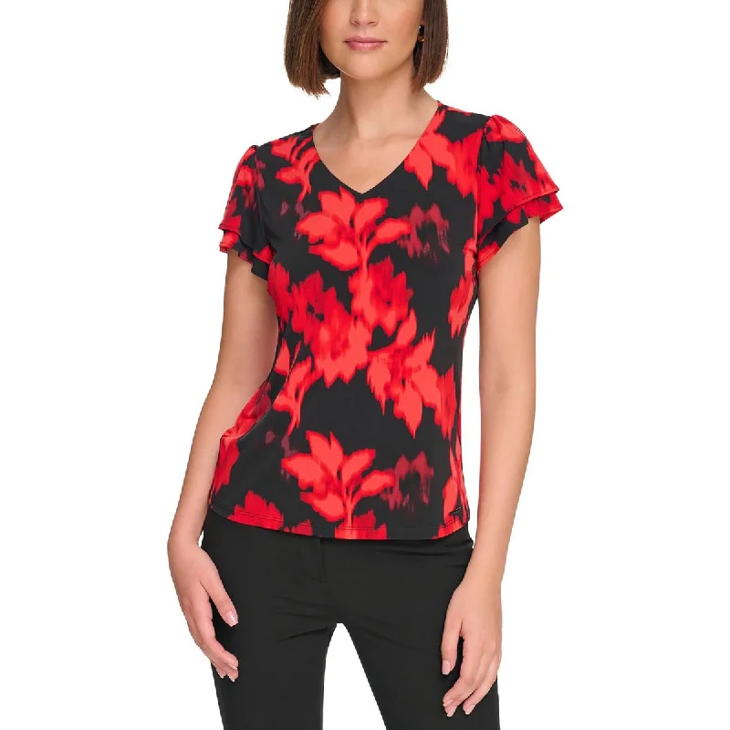 Chic And Trendy Petites Womens V Neck Printed Blouse