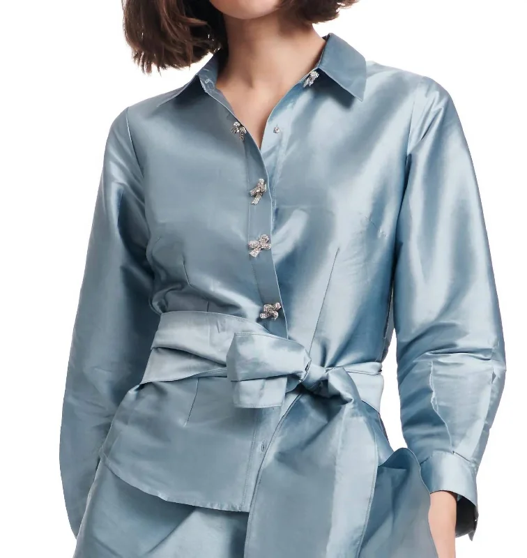 Stay Ahead In Style Taffeta Blouse With Crystal Bows In Light Blue