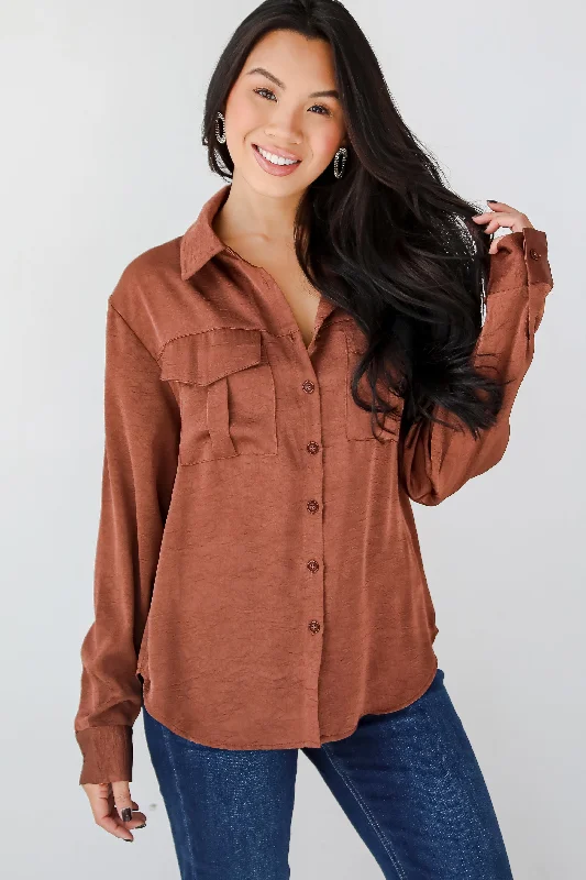 Limited Time Offer Extravagantly Sleek Brown Button-Up Blouse