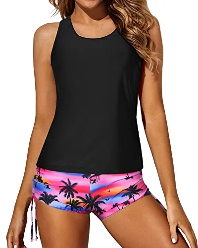 Trendy Threads 3 Piece Tankini Swimsuits Boyshorts And Bra Athletic Swimwear For Women-Black Palm Tree