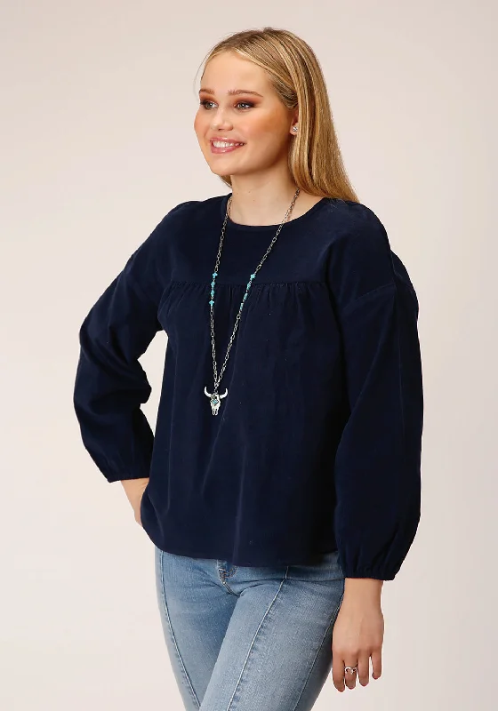 Effortless Comfort Roper Womens Corduroy Velour Navy 100% Cotton L/S Blouse