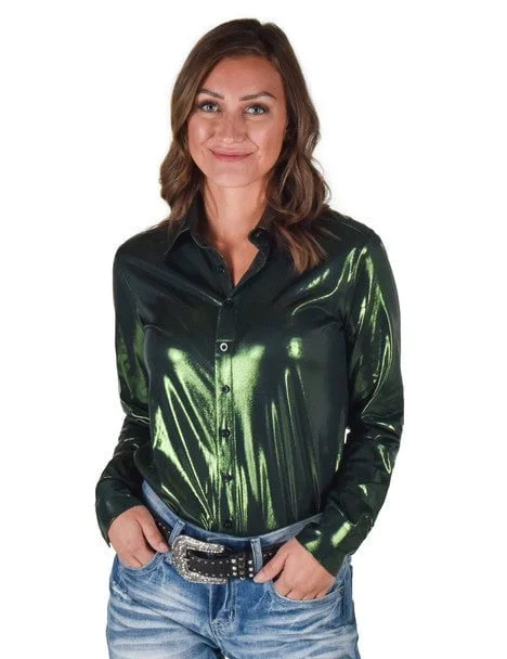 Street Style Fashion Cowgirl Tuff Womens Shiny Metallic Dark Green Polyester L/S Shirt