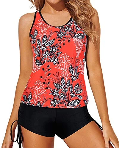 Modern Casual Clothing Women's Swimwear Strappy Criss Cross Backless Tankini-Red Floral