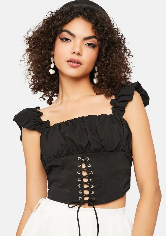 Sustainable Fashion Extravaganza Noir Glamour Lights Ruffle Lace Up Corset Top