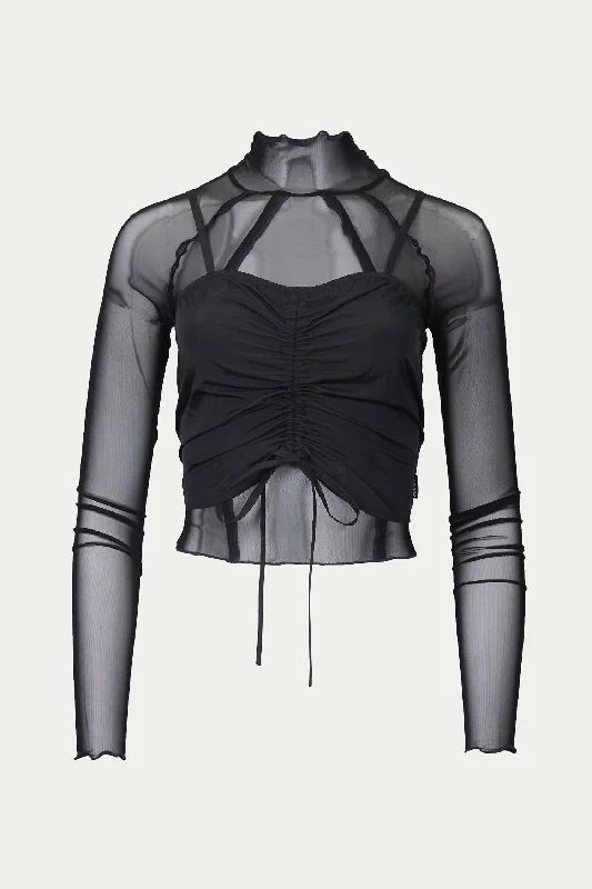 Budget-Friendly Fashion Two-Piece Layered Mesh And Stretch-Jersey Turtleneck Top In Black