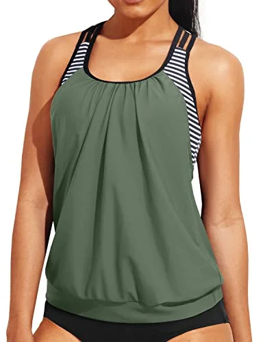 Casual Wear Double Layer Tankini Top Only Modest Round Neck Bathing Suit Top-Amry Green