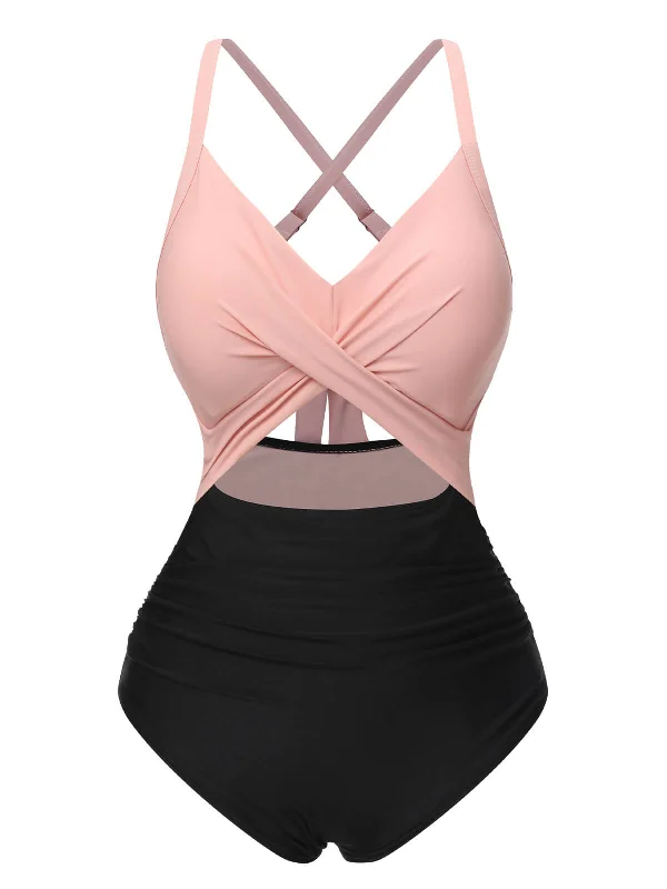 Summer Essentials Pink & Black 1940s Hollow Waist Patchwork Swimsuit