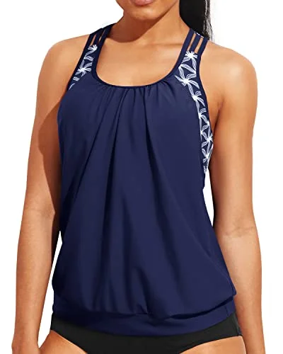 Everyday Glamour Ladies Racerback Bathing Suit Top Push Up Bra Tankini Top-Blue And White Stars