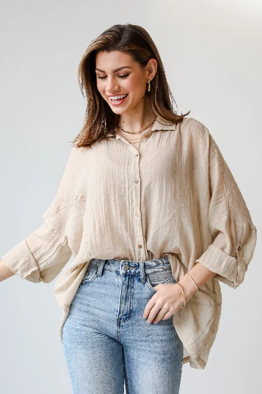 Low Price Special FINAL SALE - Beautiful Breezes Beige Oversized Button-Up Blouse