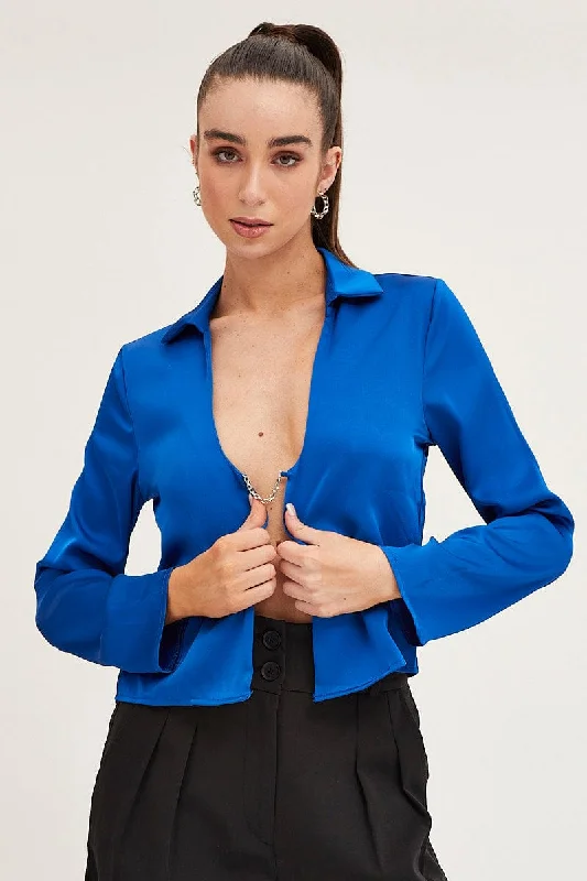 Luxury Fashion Blue Satin Long Sleeve Collared Chain-Link Front Jacket