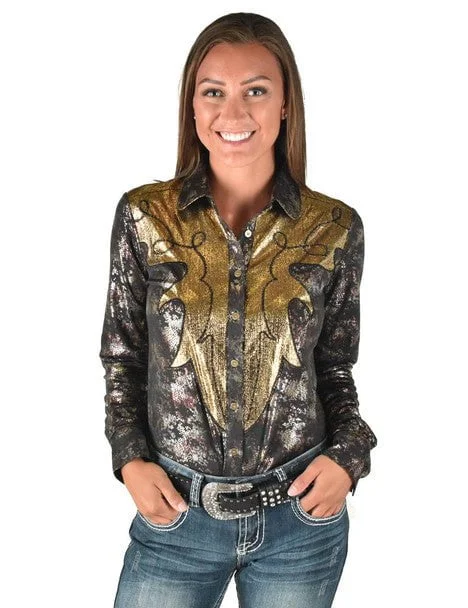 Free Spirited Fashion Cowgirl Tuff Womens Western Metallic Black/Gold Polyester L/S Shirt