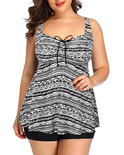 Premium Style Cut Out Back Tankini Swimsuits Plus Size Flowy Swimwear For Women Shorts-Black Tribal