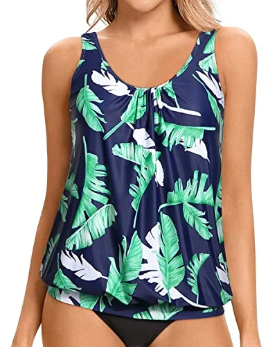 Premium Fabrics Women's Tankini Tops Modest And Flattering Blouson Style-Blue Leaf