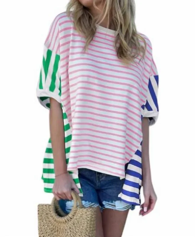 Vibrant Femme Fashion Striped Oversized Tee In Multi Color