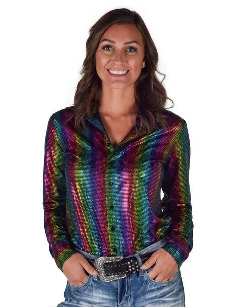 Elegant Fashion Cowgirl Tuff Womens Foil Lightweight Multi-Color Polyester L/S Shirt