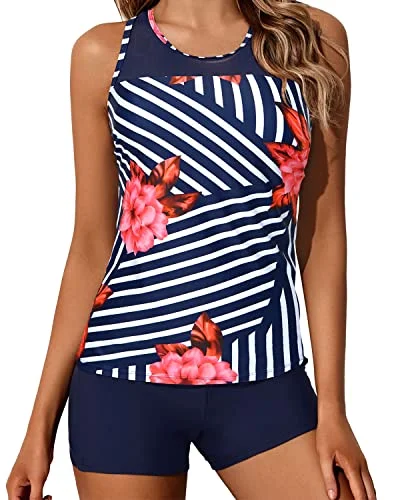 Stylish Savings Two-Piece Racerback Tankini Swimwear Mid-Waist Shorts-Blue Floral