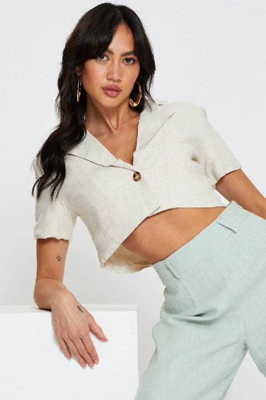 Elevate Your Wardrobe Beige Crop Jacket Short Sleeve Collared