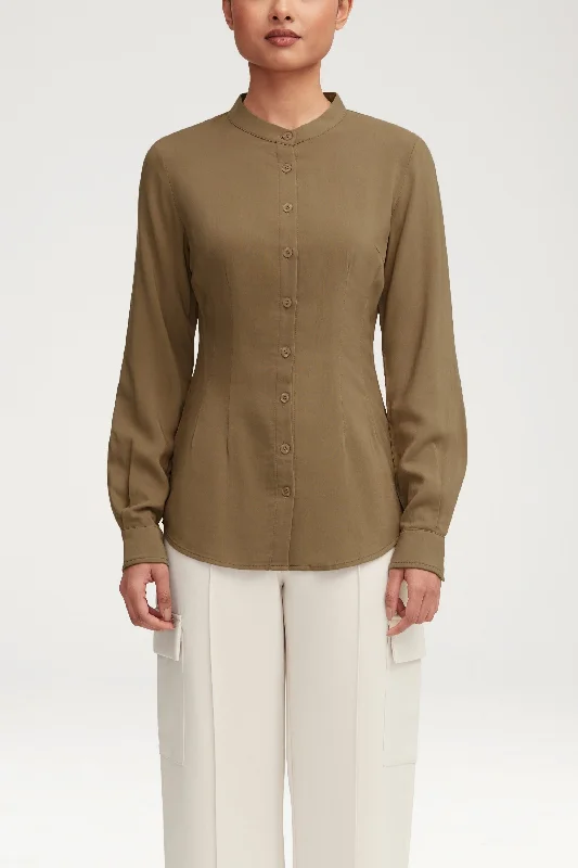 Elegant Style Adina Fitted Button Down Top - Desert Sage