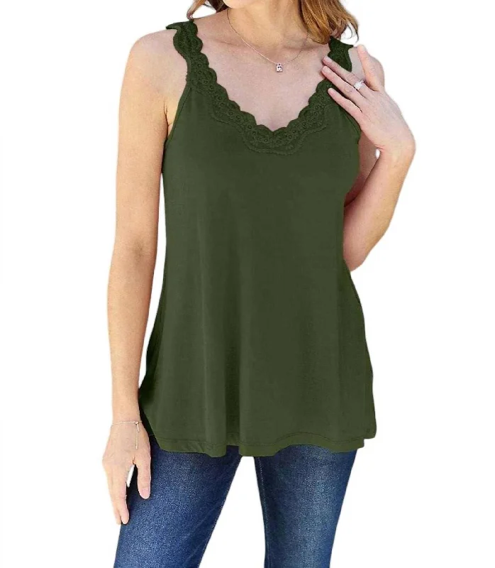 Fashionista Favorites Effortless Elegance Lace V-Neck Cami In Moss