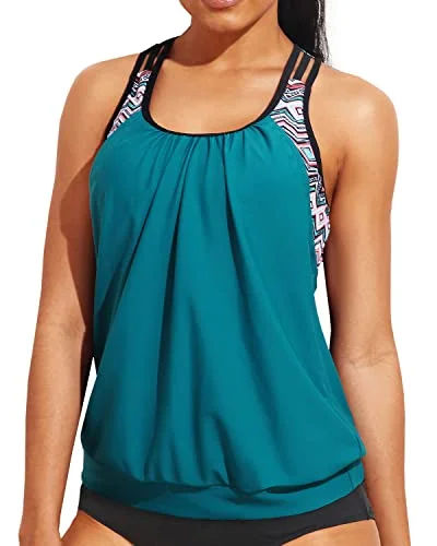 Feminine Elegance Ladies Blouson Tankini Top Double Up Swim Top Sporty Bathing Suit Top-Green Geometric