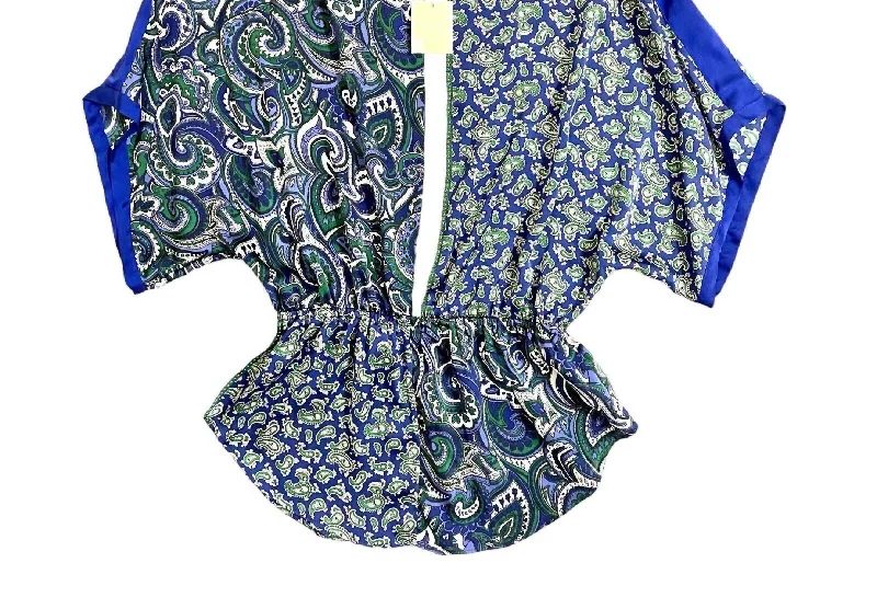 Feminine Soft - Hued Styles Women's Paisley Print Satin Dropped Shoulder Blouse In Blue