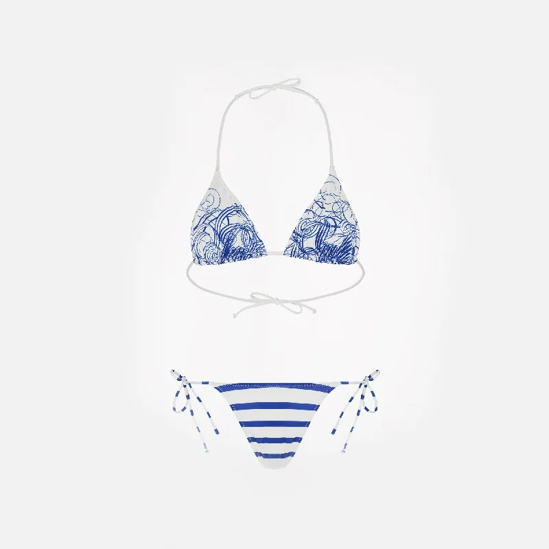 Snag Fabulous Fashion Bargains Jean Paul Gaultier Marinière Calligraphe Printed Jersey Bikini Set - White / Navy