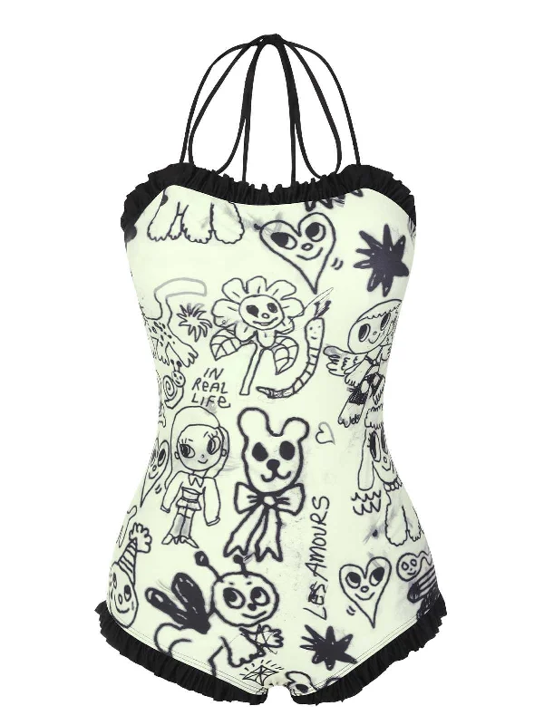 Seasonal Fashion 1960s Halter Printed Ruffles One-Piece Swimsuit