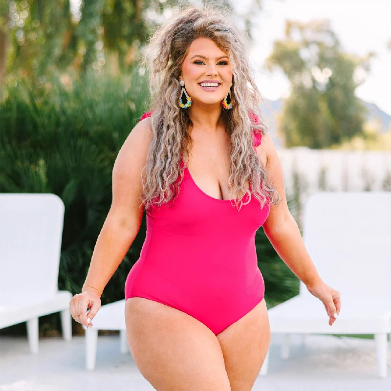 Street Style Fashion Ruffle Your Feathers Swimsuit, Hot Pink