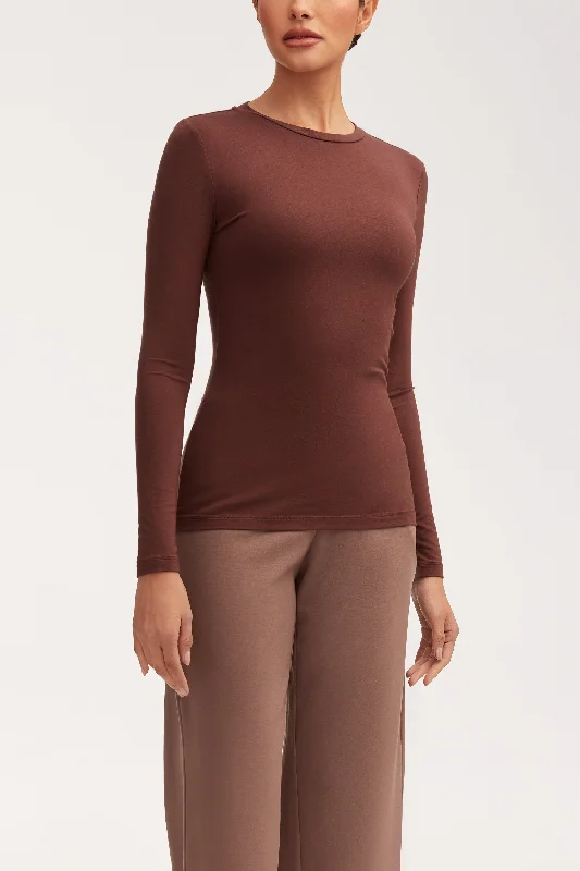 The Epitome Of Modern Women's Fashion Essential Crew Neck Bamboo Jersey Top - Brown