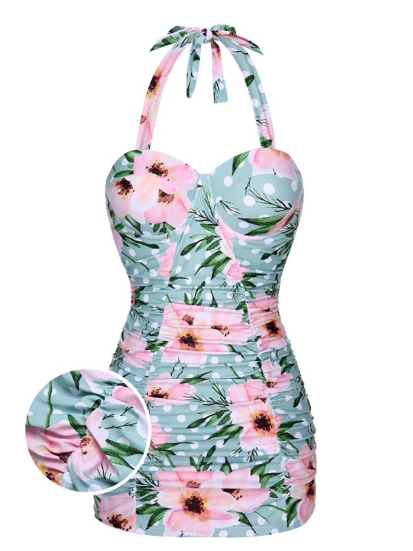 Trend Alert Green & Pink 1930s Floral Polka Dot Halter Swimsuit