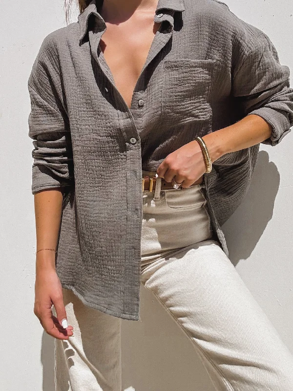 Mid - Week Surprise Palms Gauze Button Down in Olive Grey