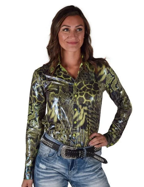 Sophisticated Style Cowgirl Tuff Womens Shiny Animal Green Polyester L/S Shirt