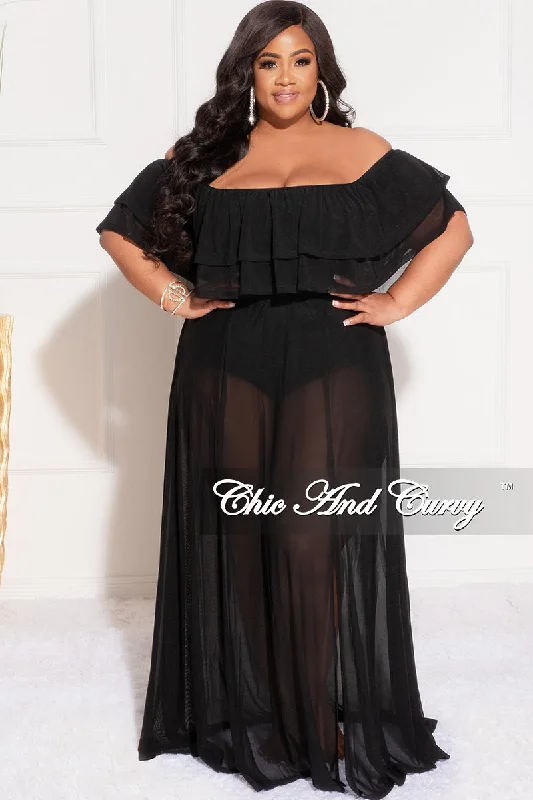 Spring Fling Sale Final Sale Plus Size Off the Shoulder Mesh Ruffle Bodysuit Dress with Double Slits in Black