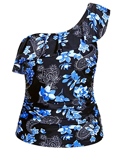 Classic Charm Flattering One Shoulder Tankini Top For Women Long Torso-Blue Paisley