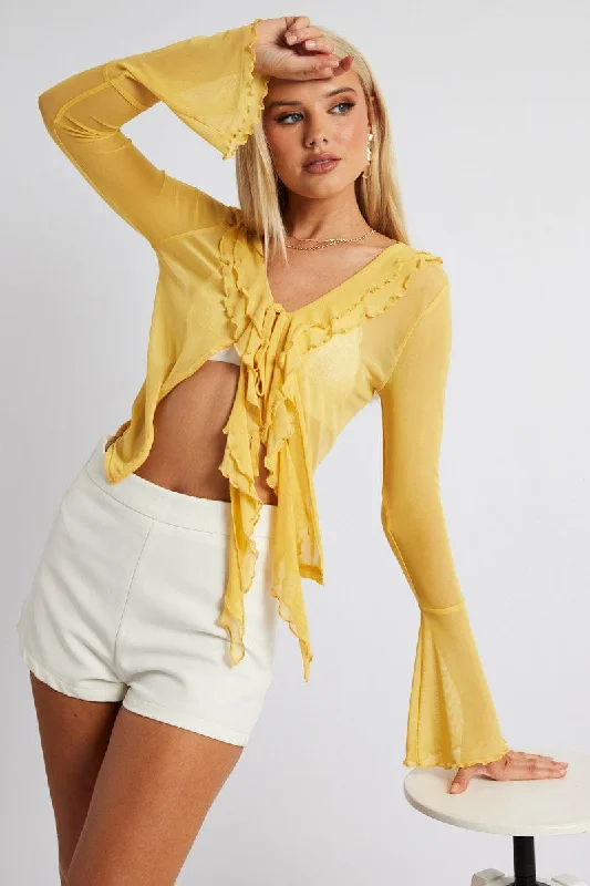 Big Savings Yellow Mesh Cardigan Long Sleeve