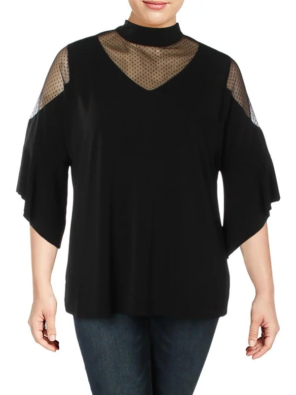 Trendy And Individual Women's Fashion Plus Womens Mock-Neck Illusion Blouse