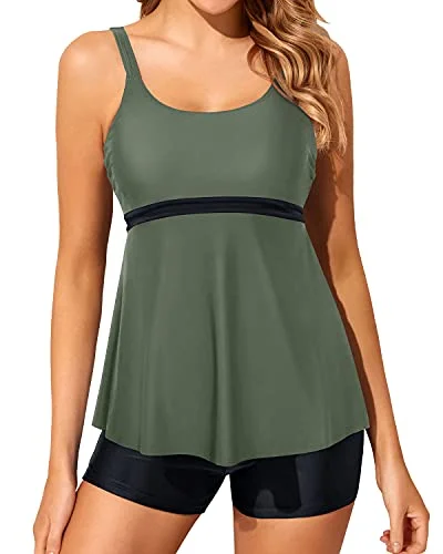 Luxe Layering 2 Piece Tankini Swimsuits For Women Modest Bathing Suits Boy Shorts-Army Green